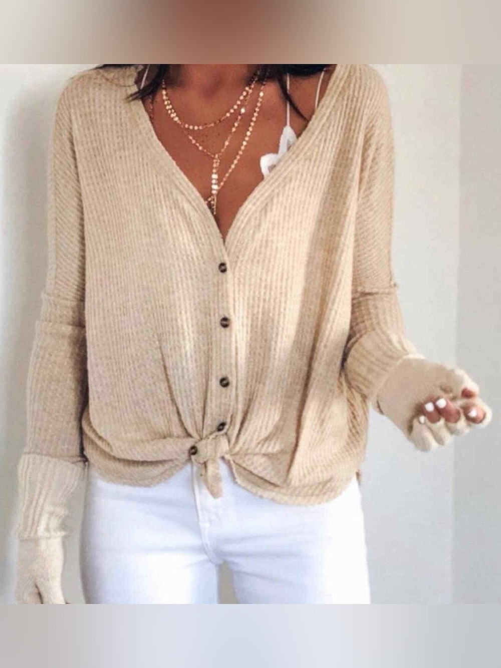Urban Outfitters Beige JoJo Waffle Knit V-Neck Button Down Shirt Small Oversized